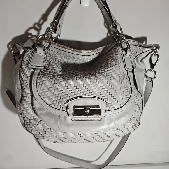Coach Kristen Woven Round Leather Satchel $498 Authentic Gray/Silver VGUC - Picture 6 of 16